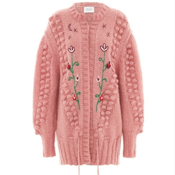 Hayley Menzies Gloria Rose Mohair Midi Cardigan Pink Embroidered Sz Large - Picture 1 of 9